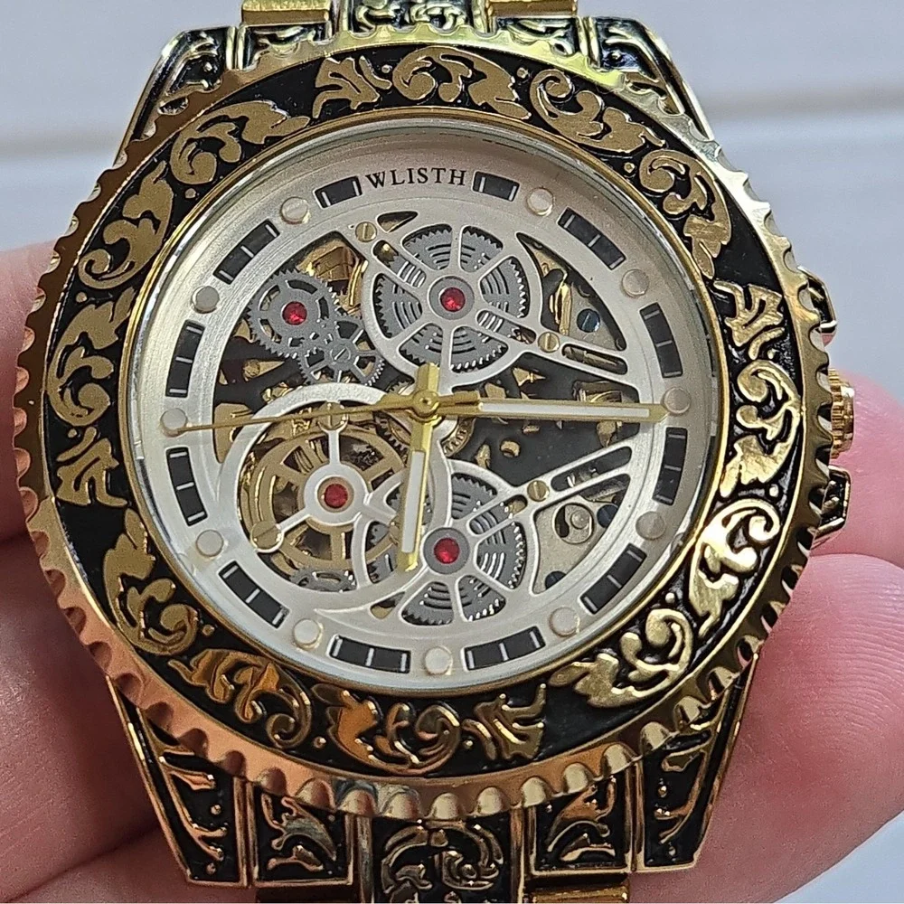 NWOB WLISTH Automatic Skeleton Watch. Gold/Black,SS Case & Strap.